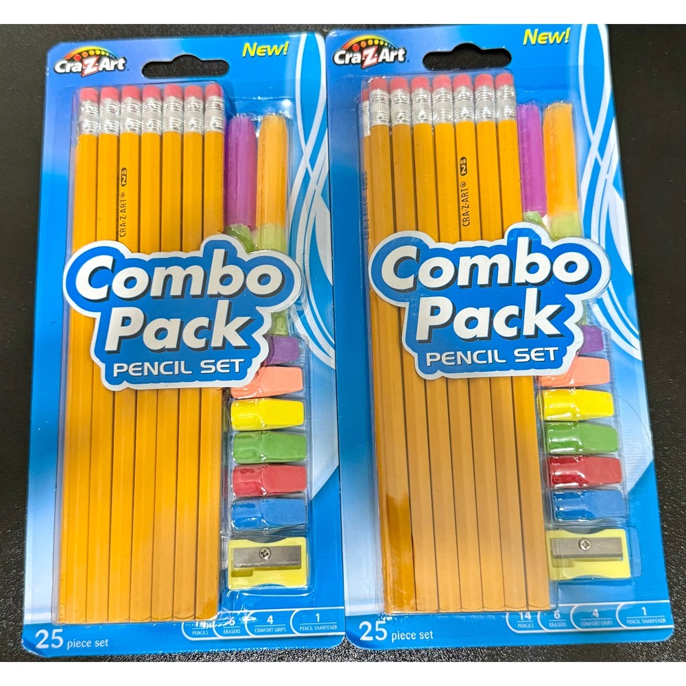Cra-Z-Art Pencil Set 2 Pack 25pc Yellow NEW No 2 Wood Erasers Grips Sharpener